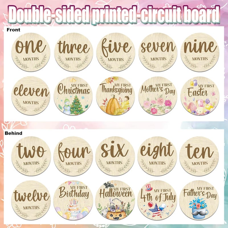 Threetols 11PCS Wooden Baby Monthly Milestone Cards Sign, Double Sided Newborn Photography Prop Pregnancy Journey Baby Growth Monthly Milestone Wood Discs Baby Shower Gifts - Image 3